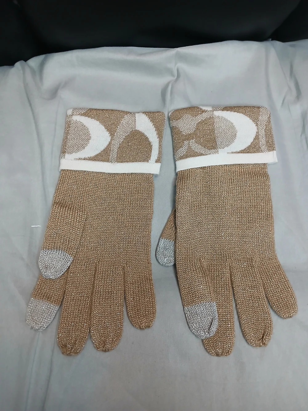 Coach Metallic Gold and White Signature Logo Wool Knit Gloves